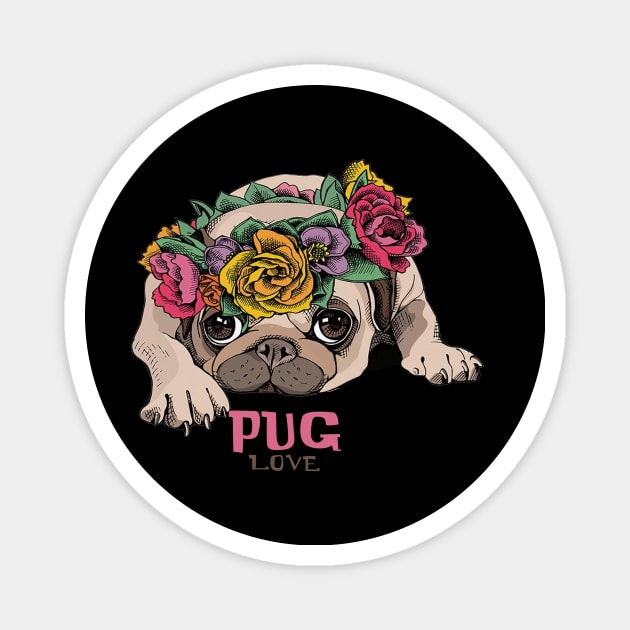 Pug Love Flowers Magnet by Rumsa